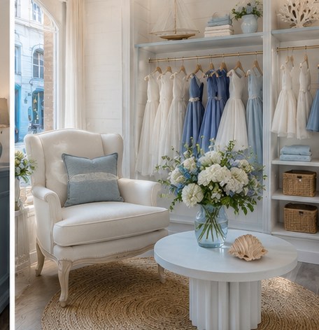 Robes de cérémonie sur portant, showroom Emma Rose à Honfleur