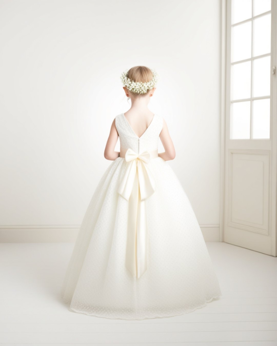 Fillette en robe de cérémonie en dentelle ivoire dans la boutique Emma Rose